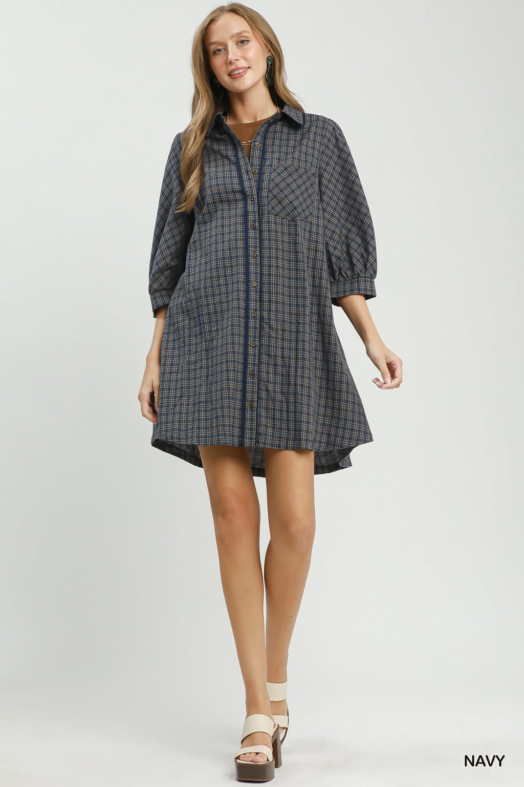 Umgee-Plaid Button Down Oversized Shirt Dress