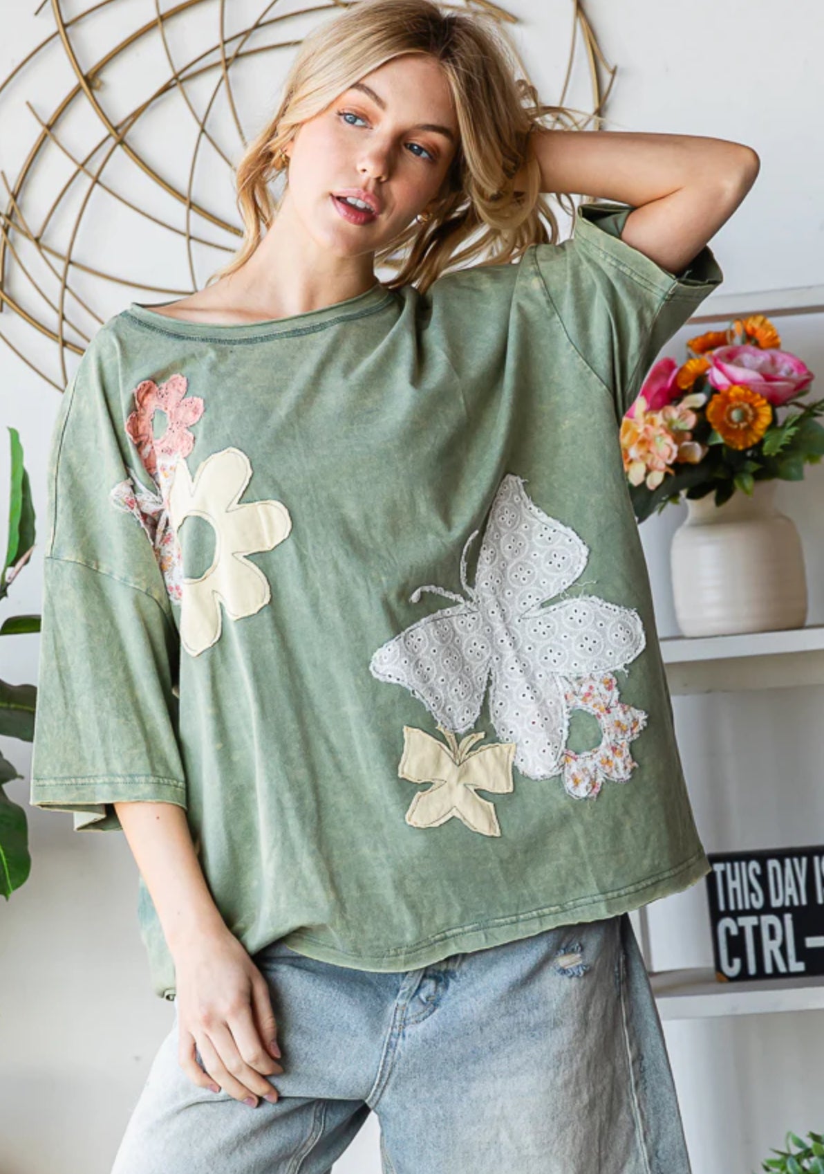 Green Flower & Butterfly Top