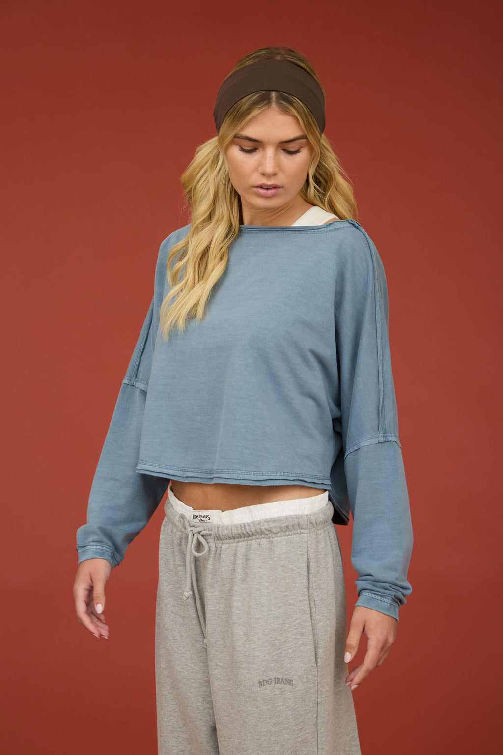 Blu Pepper-BOAT NECK RAW EDGE LONG SLEEVE CROPPED KNIT TOP