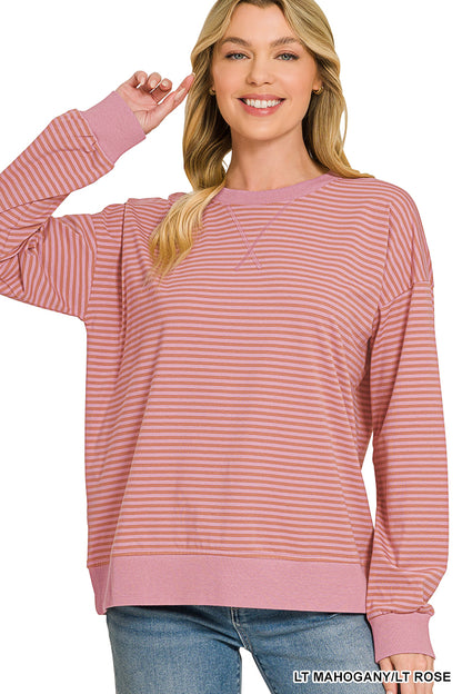Zenana-STRIPED RIB BANDED PULLOVER