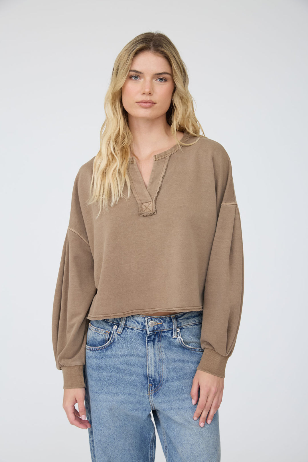 Blu Pepper-NOTCH NECK BOXY LONG SLEEVE KNIT CROP TOP
