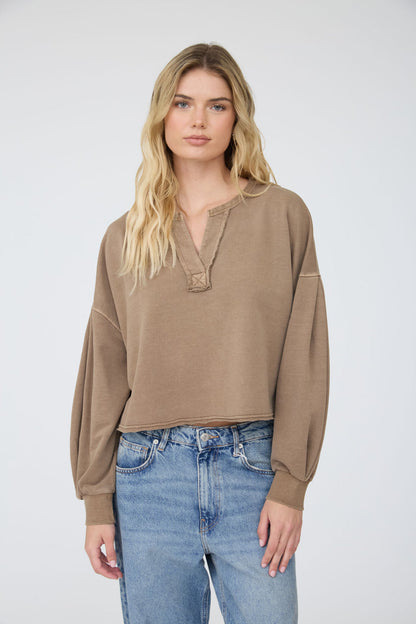 Blu Pepper-NOTCH NECK BOXY LONG SLEEVE KNIT CROP TOP