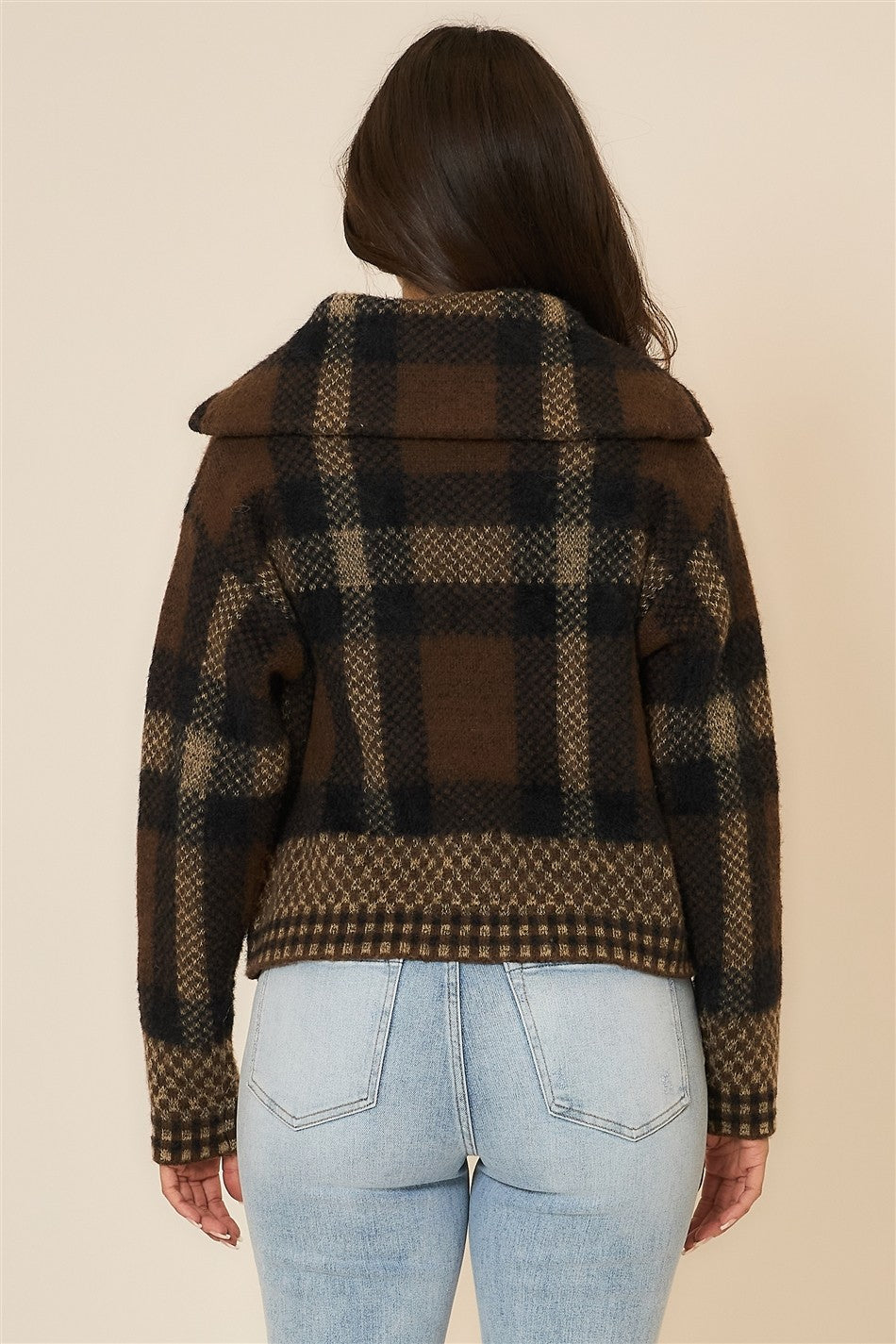 Plus Plaid Knit Zip-Up Jacket with High Neck Collar