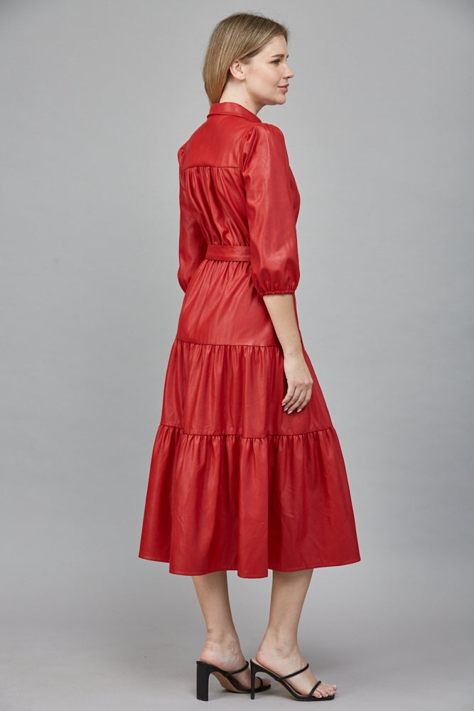 Faux Leather Tiered Midi Dress