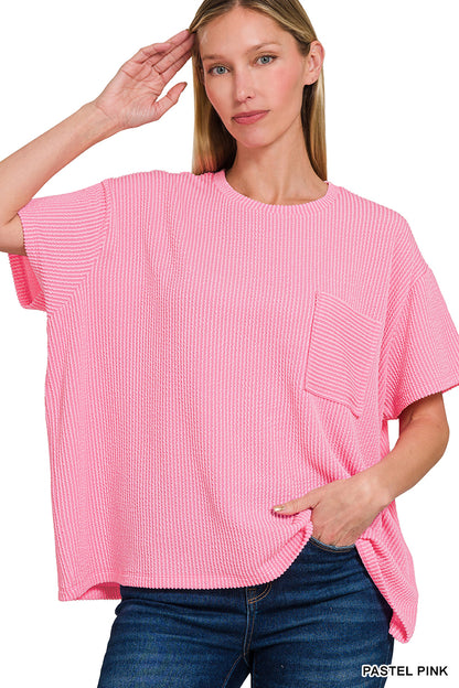 Zenana-RAISED RIB SHORT SLEEVE FRONT POCKET TOP