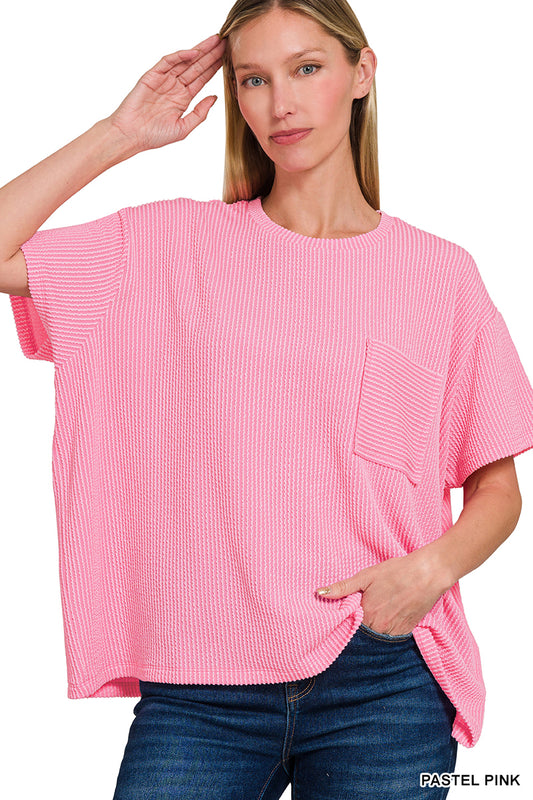 Zenana-RAISED RIB SHORT SLEEVE FRONT POCKET TOP