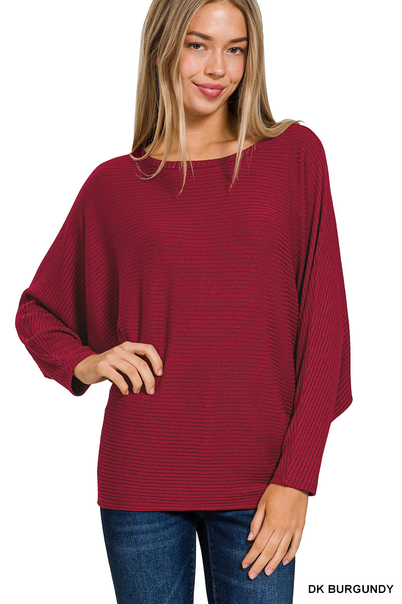 Zenana-RIBBED BATWING LONG SLEEVE BOAT NECK SWEATER