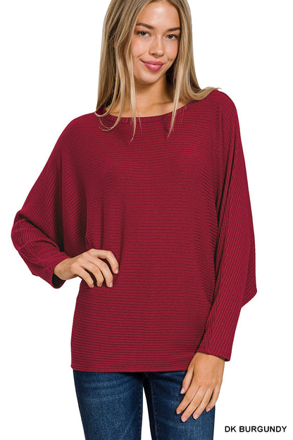 Zenana-RIBBED BATWING LONG SLEEVE BOAT NECK SWEATER