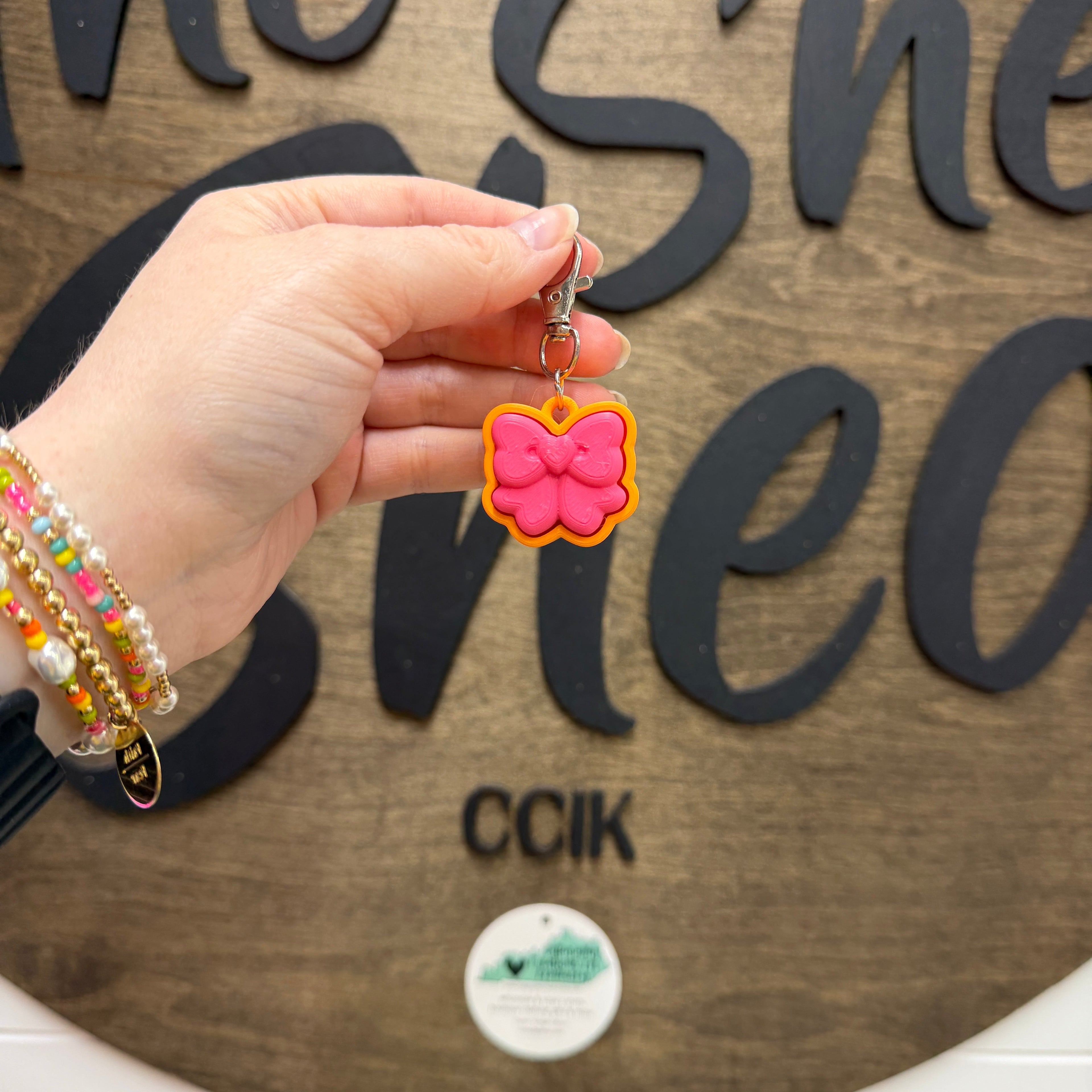 Hot Pink/Mandarin Orange Bow Fidget Clicker Keychain