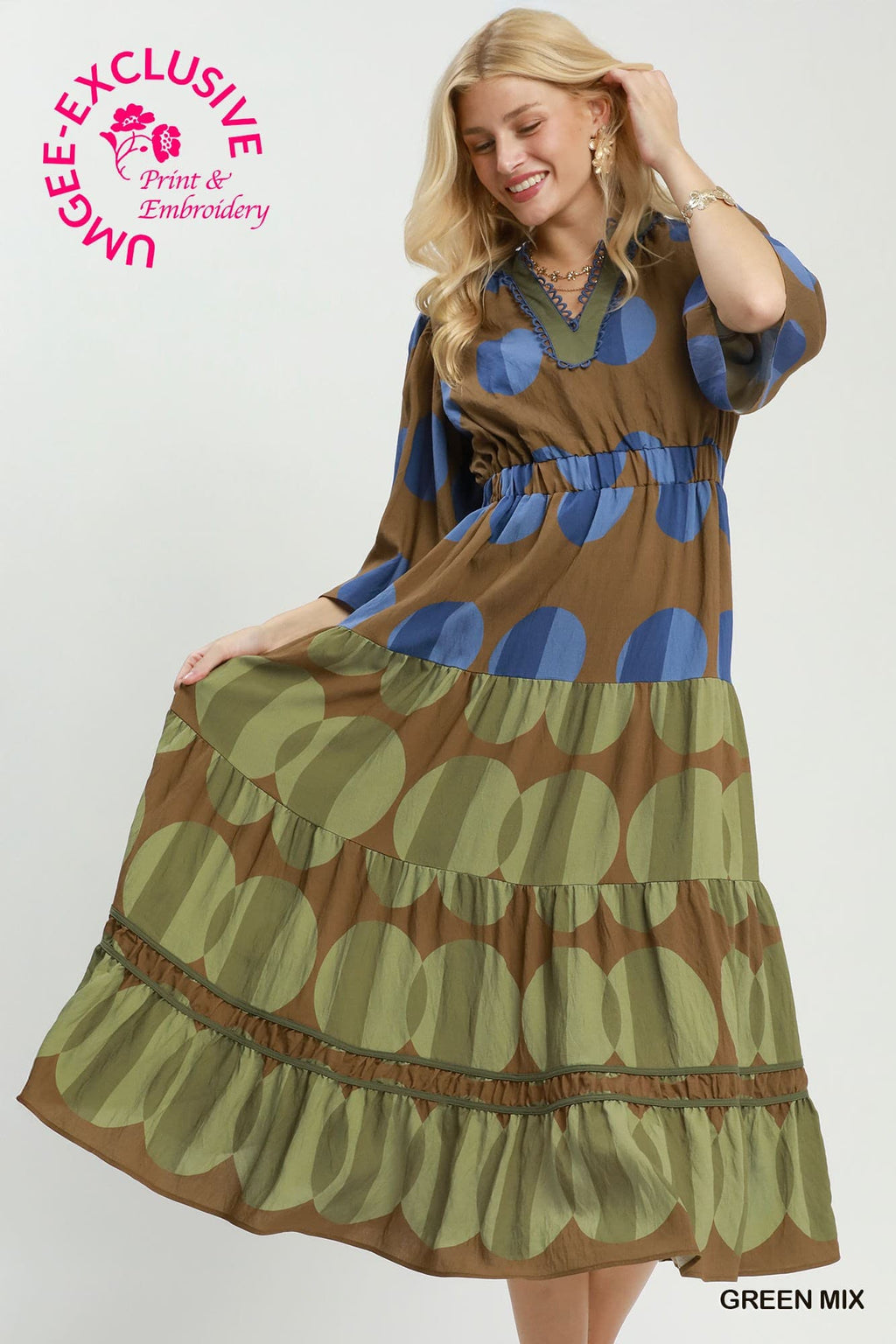Umgee-Mix Polka Dot Tiered Boho Midi Dress