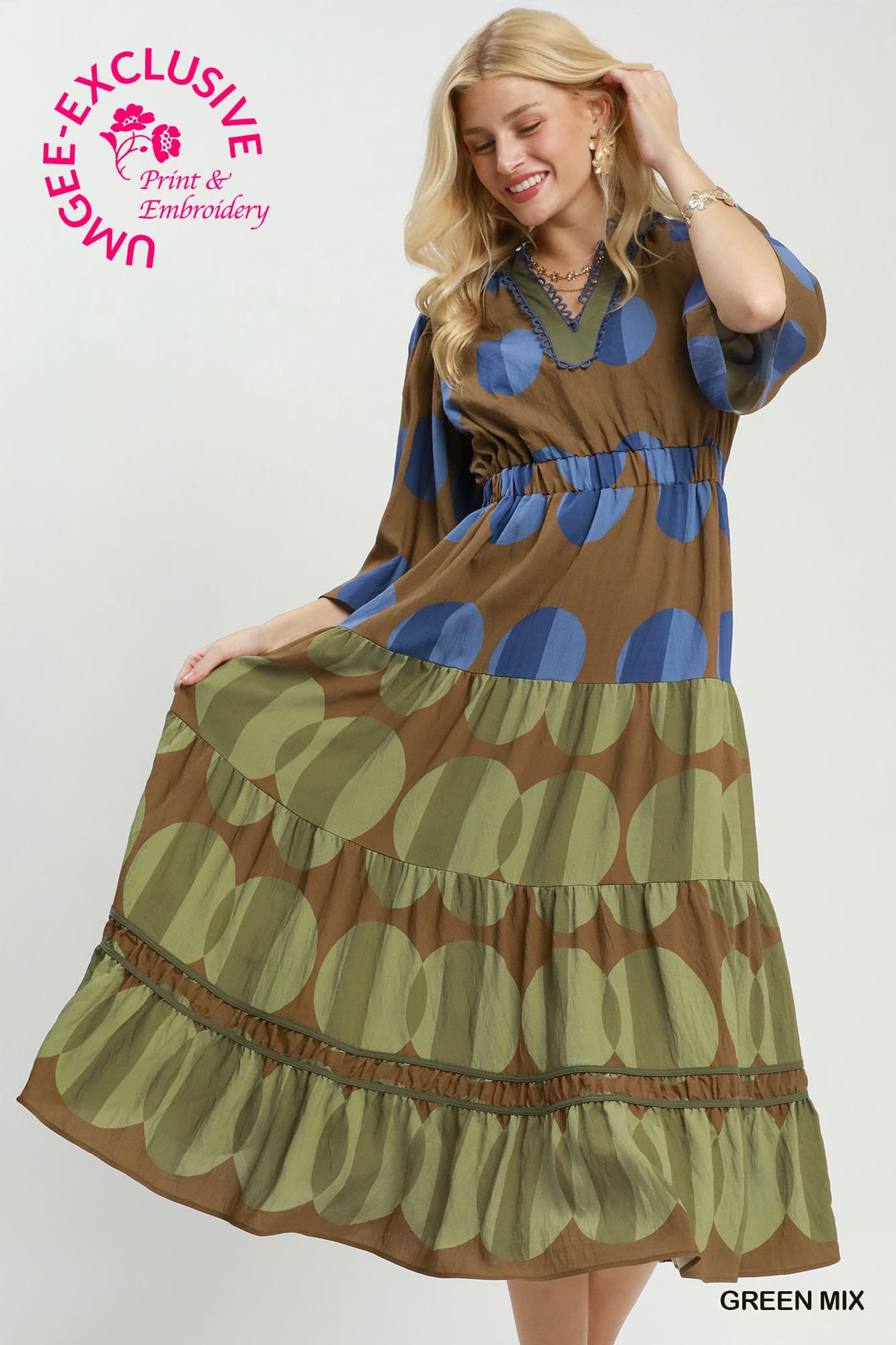 Umgee-Mix Polka Dot Tiered Boho Midi Dress