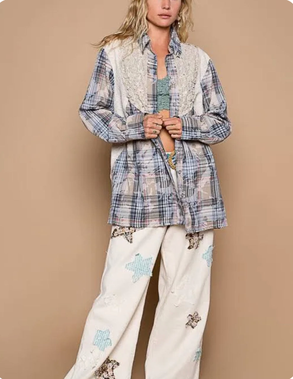 BB - Oversized Plaid Flannel Pearl Woven Shirt - Talk of the Town