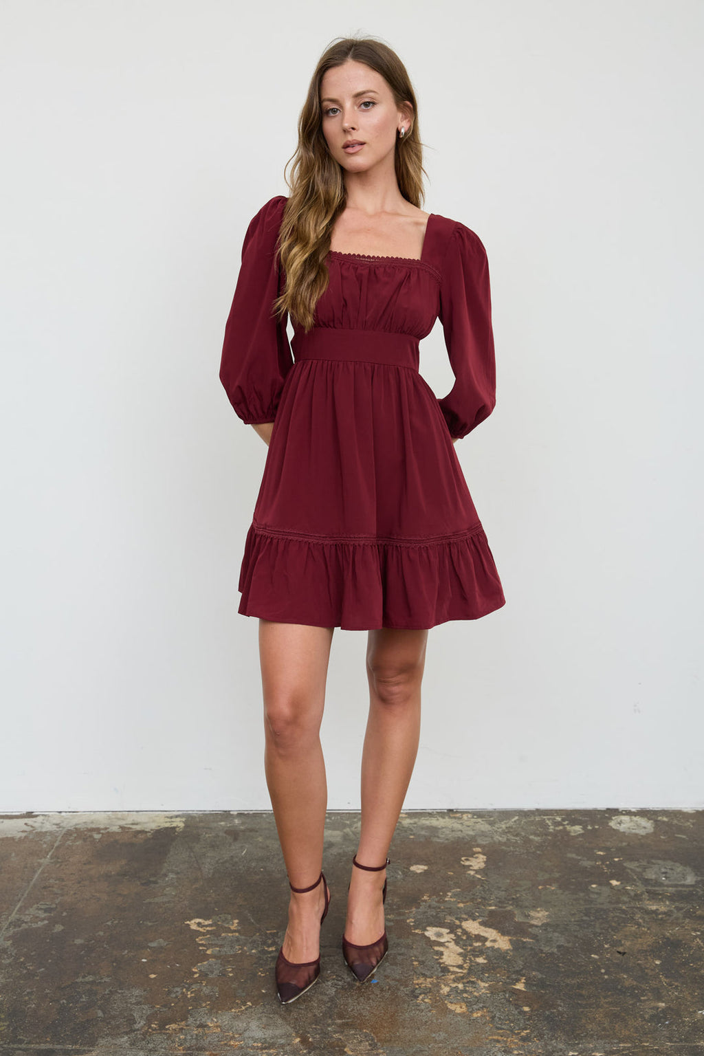 Blu Pepper-3/4 SLEEVE LACE TRIM SQUARE NECK MINI DRESS