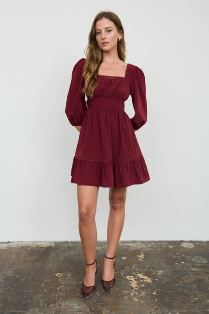 Blu Pepper-3/4 SLEEVE LACE TRIM SQUARE NECK MINI DRESS