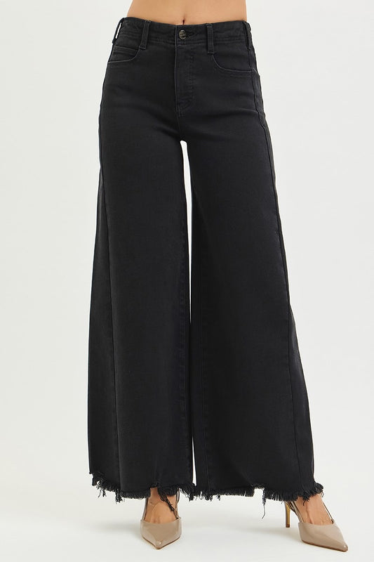 Risen-Tummy Control High Rise Palazzo with Frayed Hem