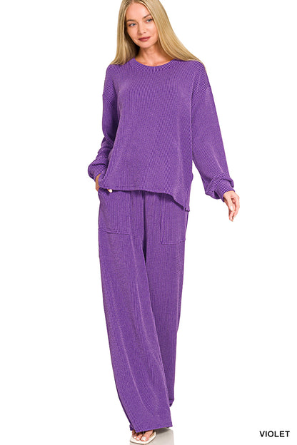 Zenana-Raised Rib pant set w/pockets