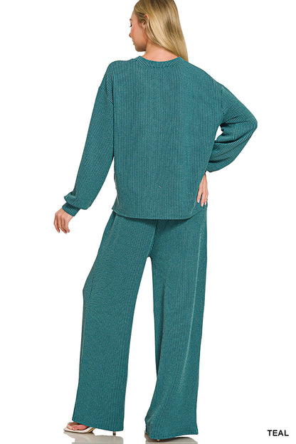 Zenana-Raised Rib pant set w/pockets