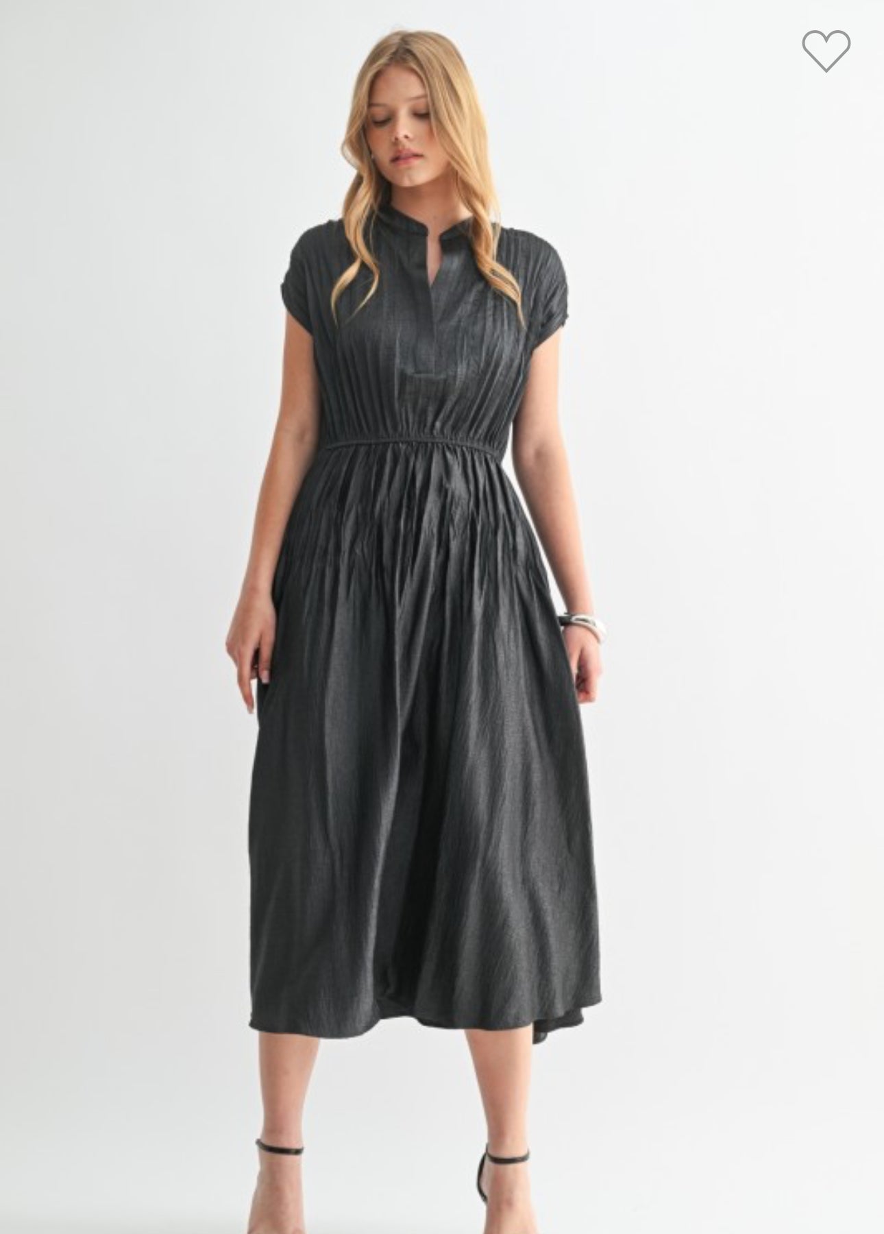 Texture Satin Pleat Drop Shoulder Midi Dress