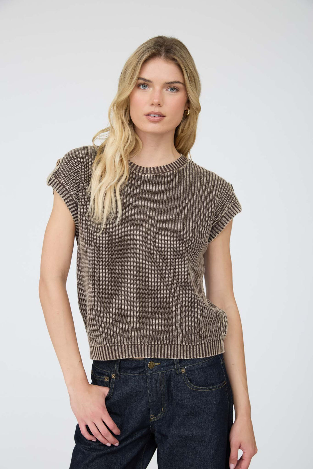 Blu Pepper Acid Wash Tab Sleeve Back Button Knit Top
