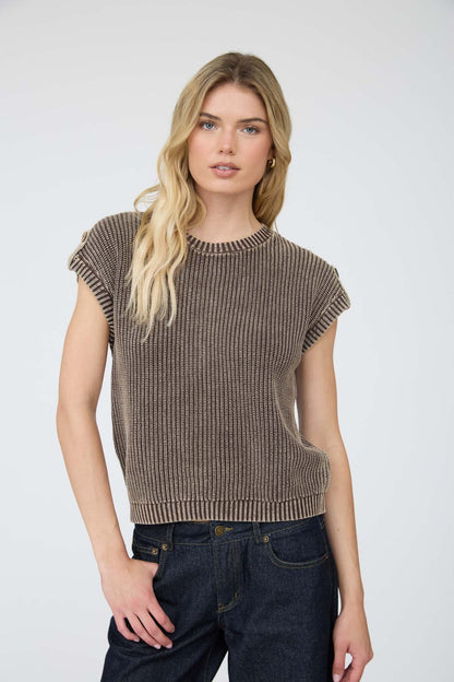 Blu Pepper Acid Wash Tab Sleeve Back Button Knit Top