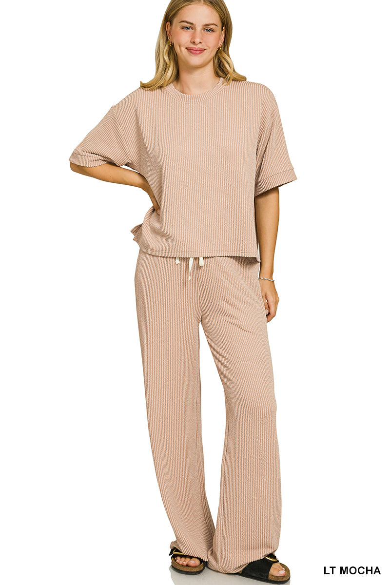 Zenana-RAISED RIB SHORT SLEEVE TEE & PANTS SET