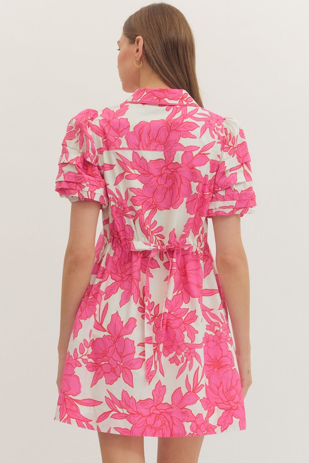 Entro-Floral puff sleeve mini dress featuring contrast binding detail at collar and split V-neck.