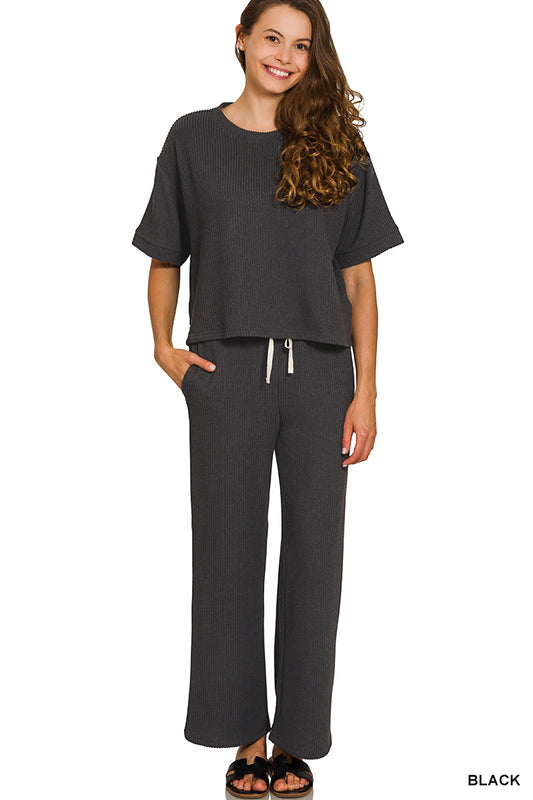 Zenana-RAISED RIB SHORT SLEEVE TEE & PANTS SET
