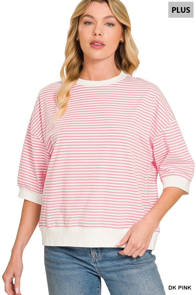 Zenana-PLUS STRIPED CONTRAST TRIM RIB BANDED TOP