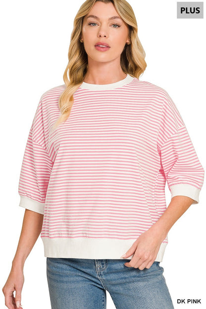 Zenana-PLUS STRIPED CONTRAST TRIM RIB BANDED TOP