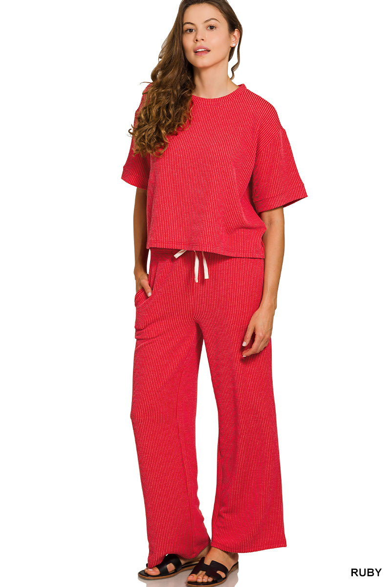 Zenana-RAISED RIB SHORT SLEEVE TEE & PANTS SET