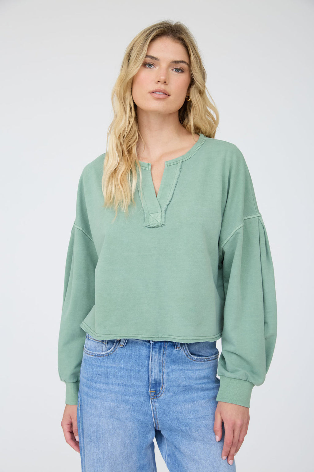 Blu Pepper-NOTCH NECK BOXY LONG SLEEVE KNIT CROP TOP