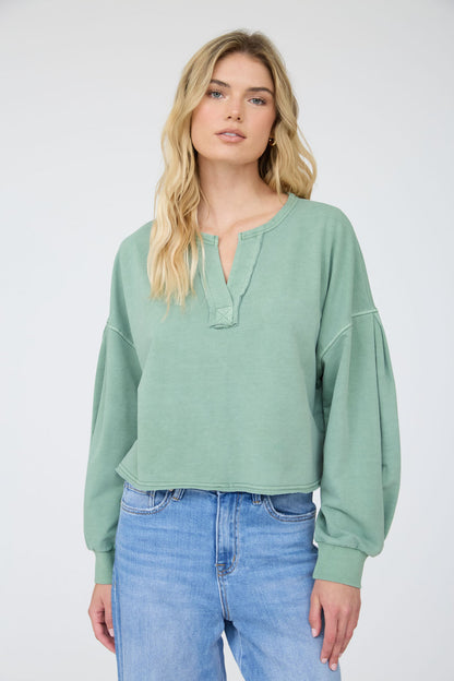 Blu Pepper-NOTCH NECK BOXY LONG SLEEVE KNIT CROP TOP