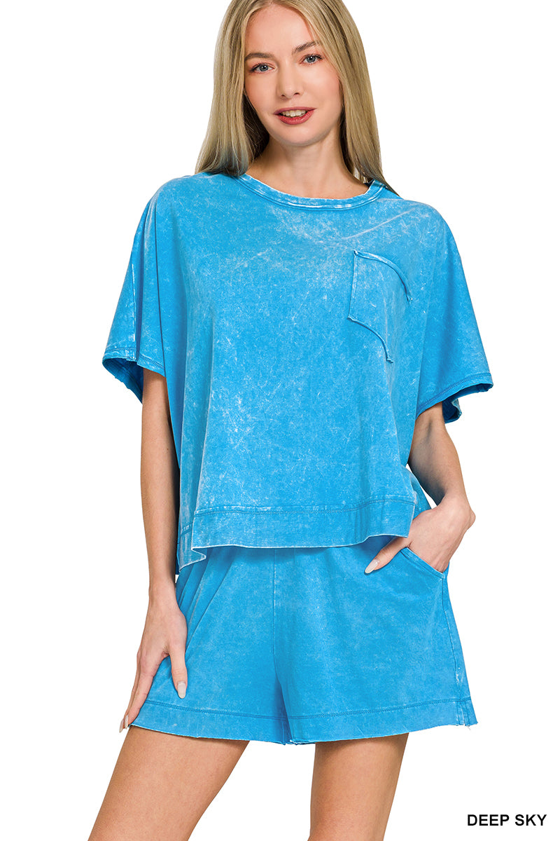 Zenana- ACID WASHED OVERSIZED TOP & SHORTS SET