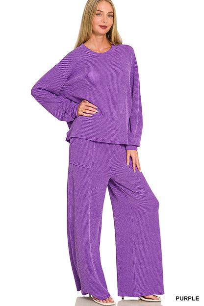 Zenana-Raised Rib pant set w/pockets