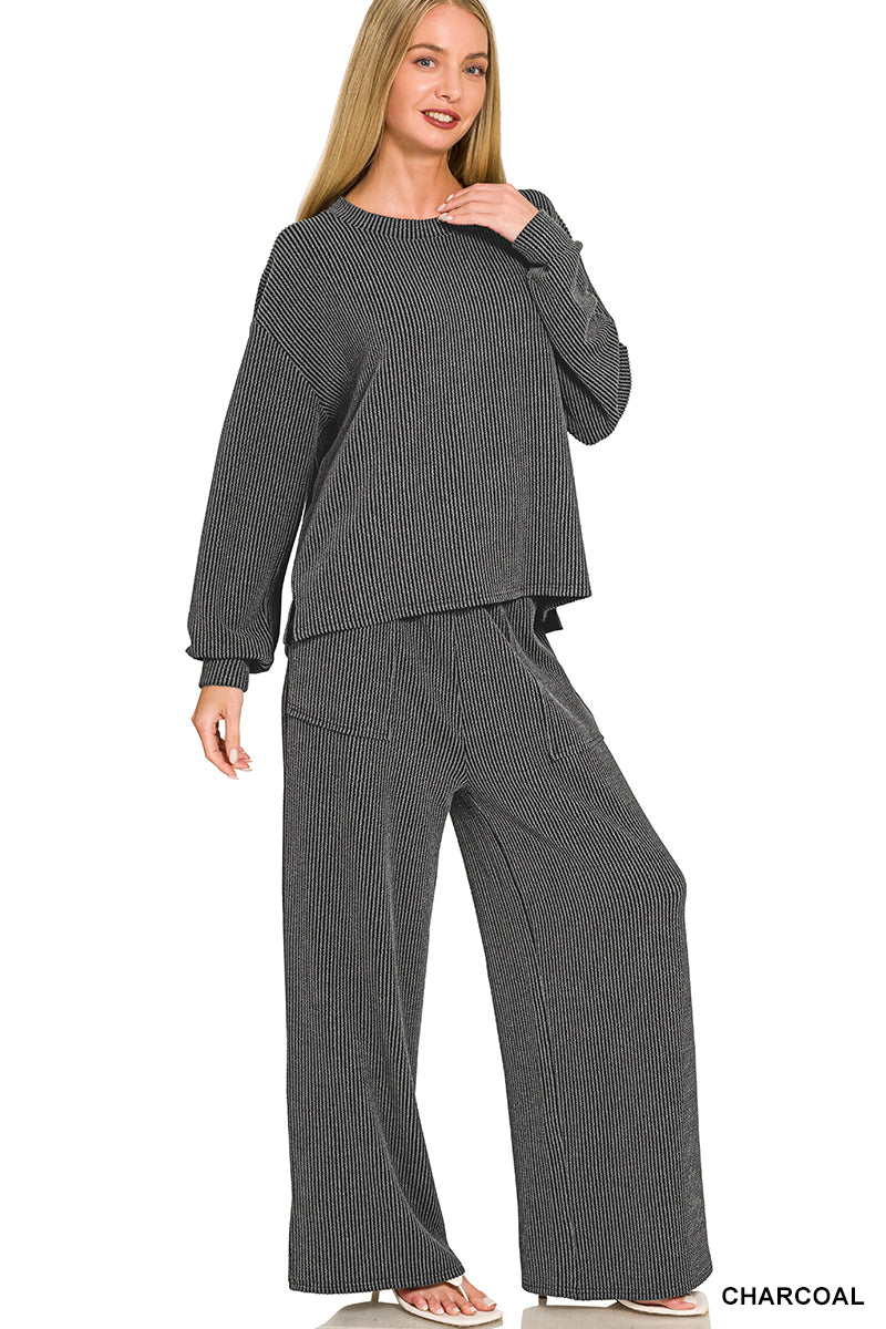 Zenana-Raised Rib pant set w/pockets