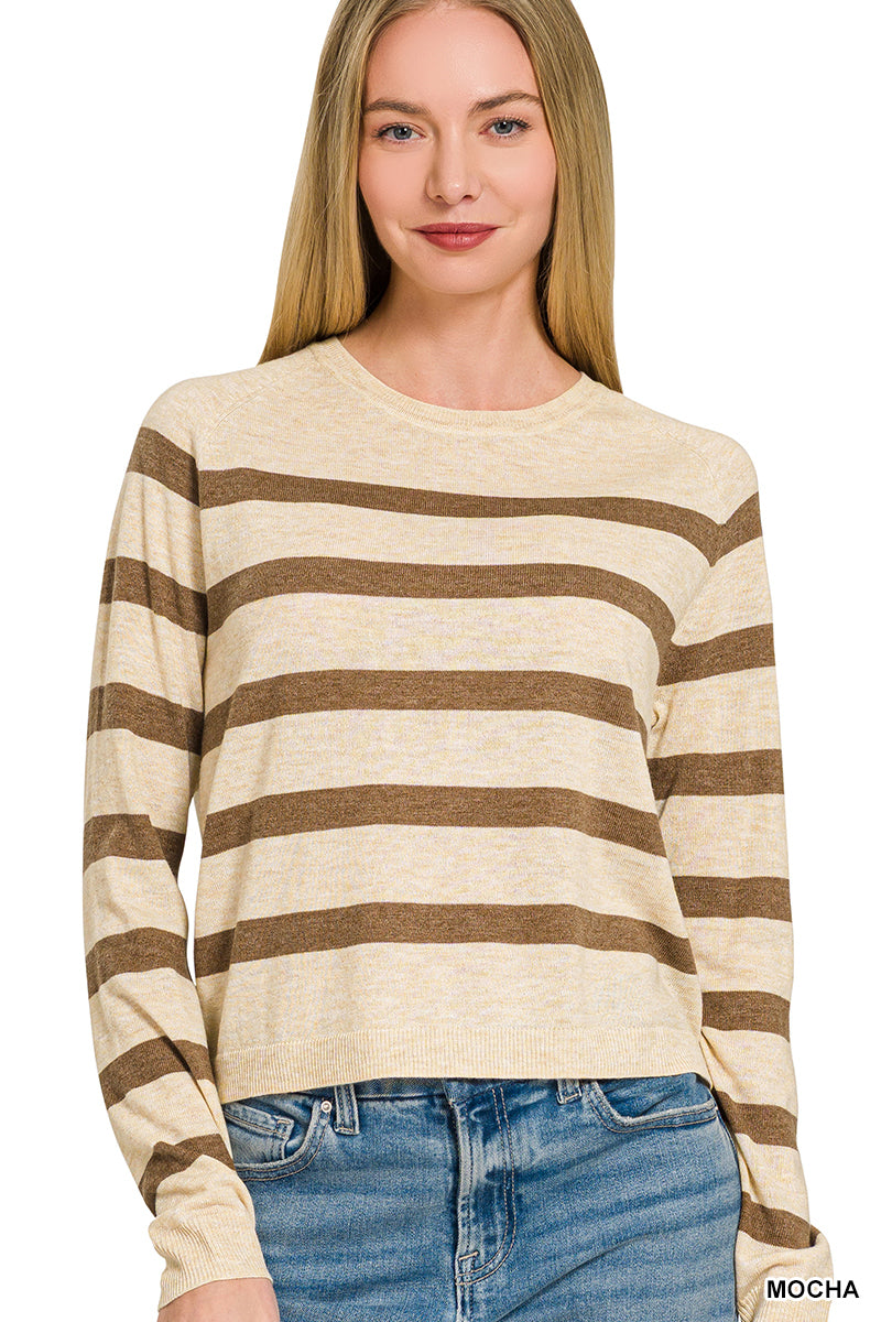 Zenana-LIGHTWEIGHT WOOL BLEND STRIPED ROUND NECK SWEATER