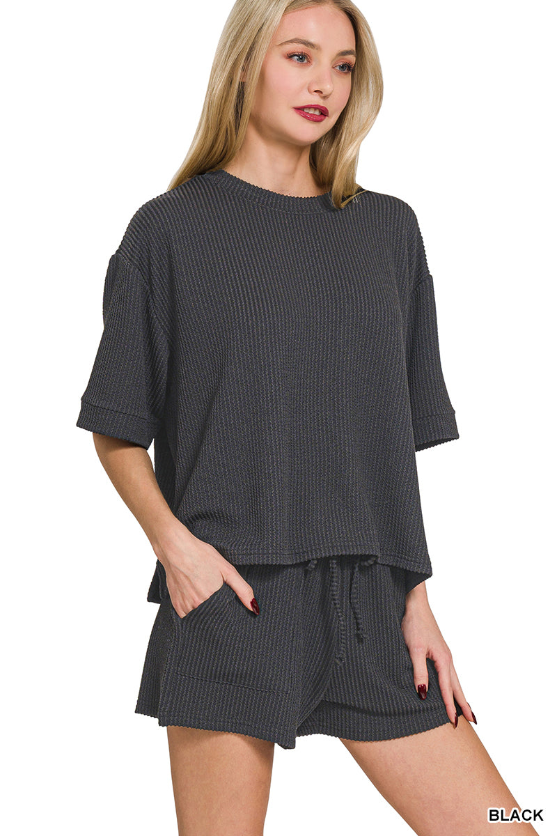 Zenana-RAISED RIB SHORT SLEEVE TEE & SHORT SET