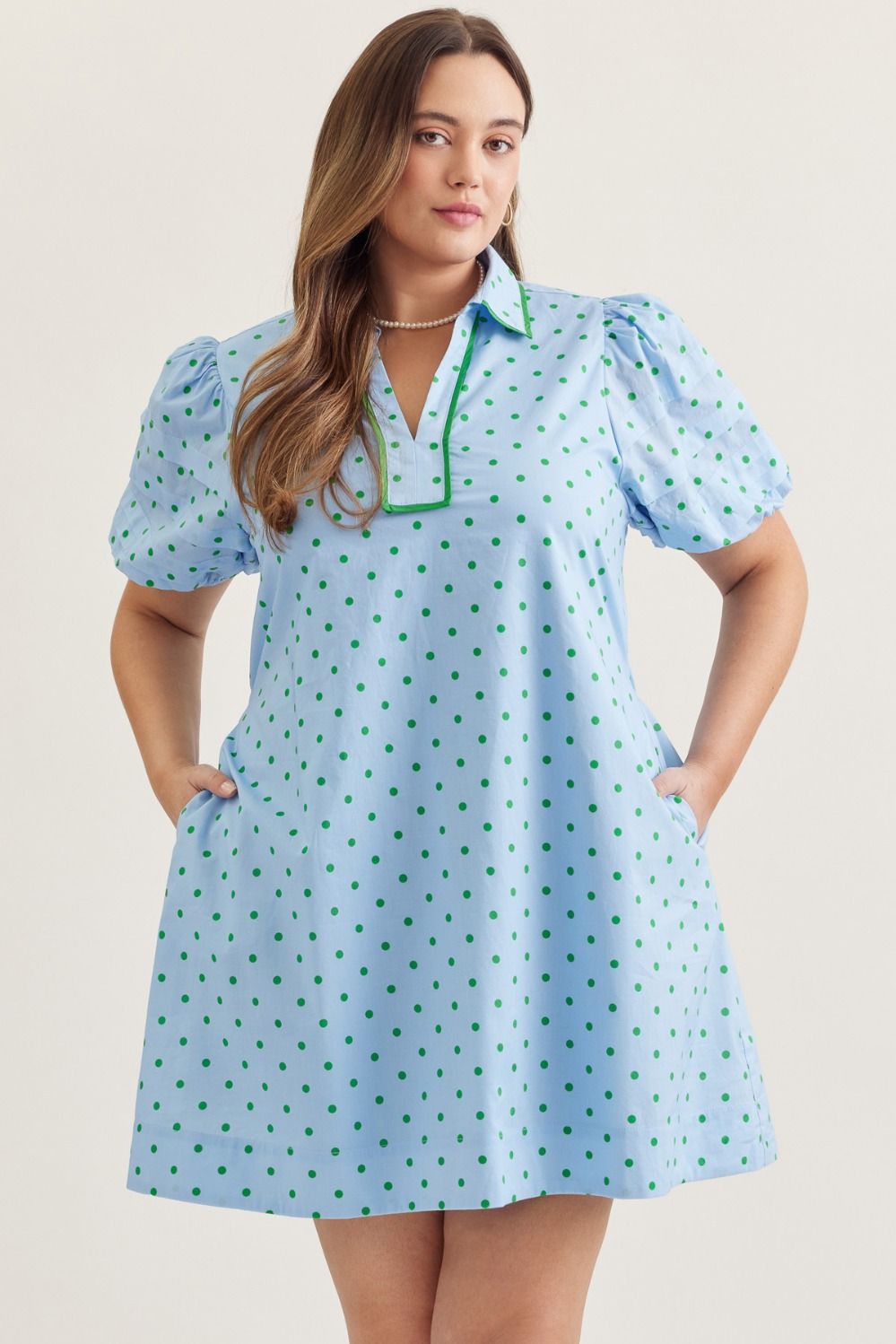 Plus Size Entro Polka dot short puff sleeve mini dress.