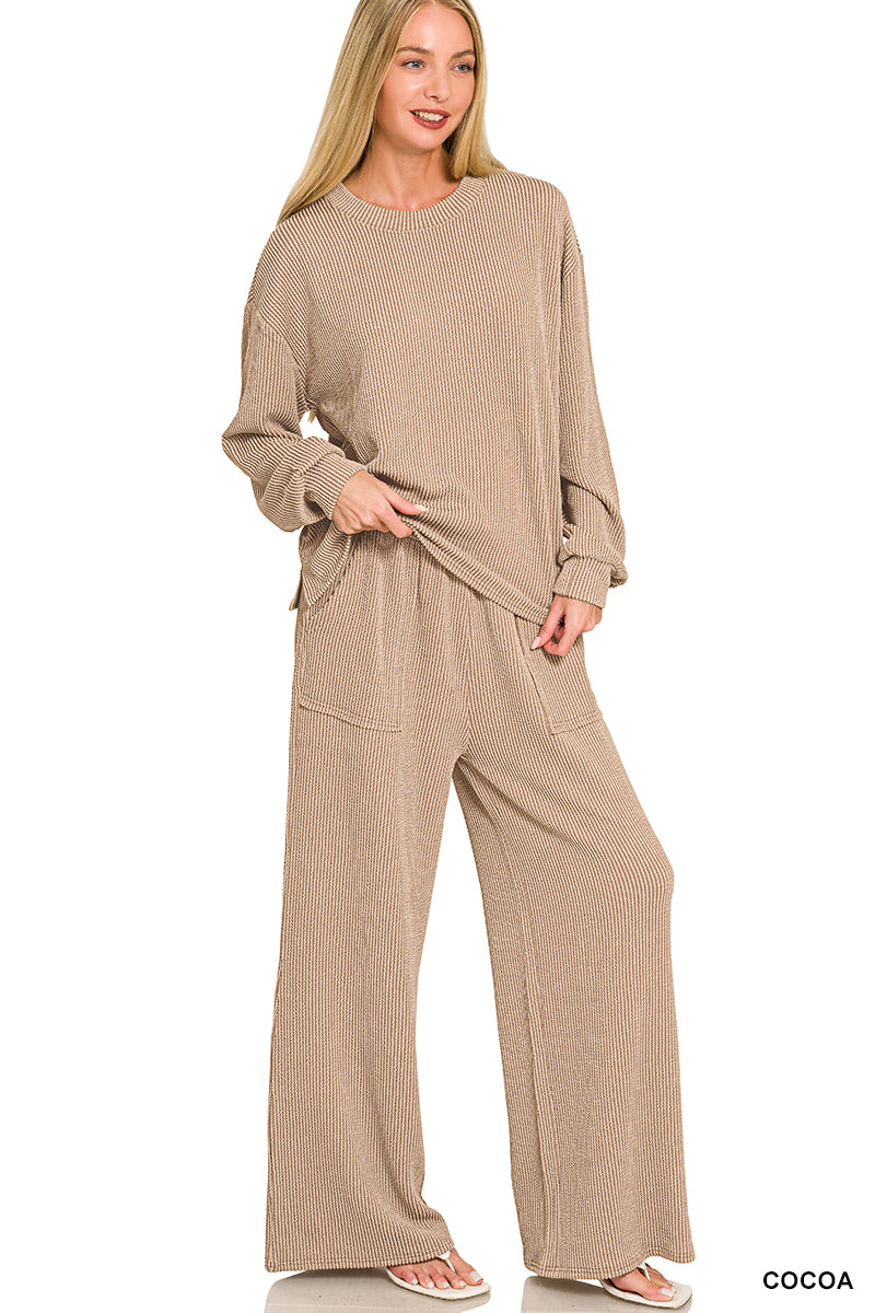 Zenana-Raised Rib pant set w/pockets