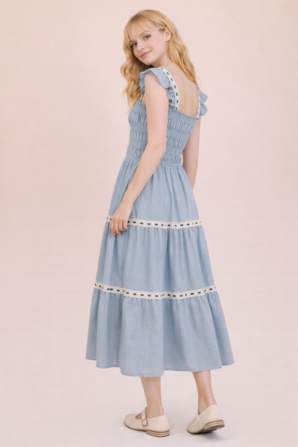 Very J Smocking Detail Solid Woven Midi Dress