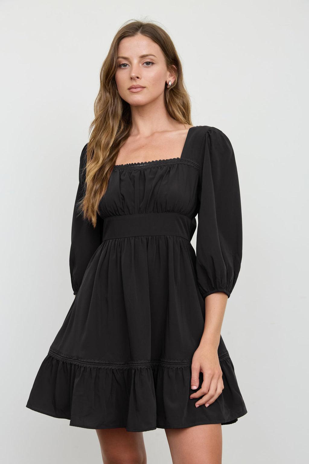 Blu Pepper-3/4 SLEEVE LACE TRIM SQUARE NECK MINI DRESS
