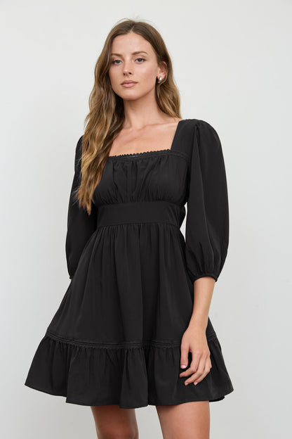 Blu Pepper-3/4 SLEEVE LACE TRIM SQUARE NECK MINI DRESS