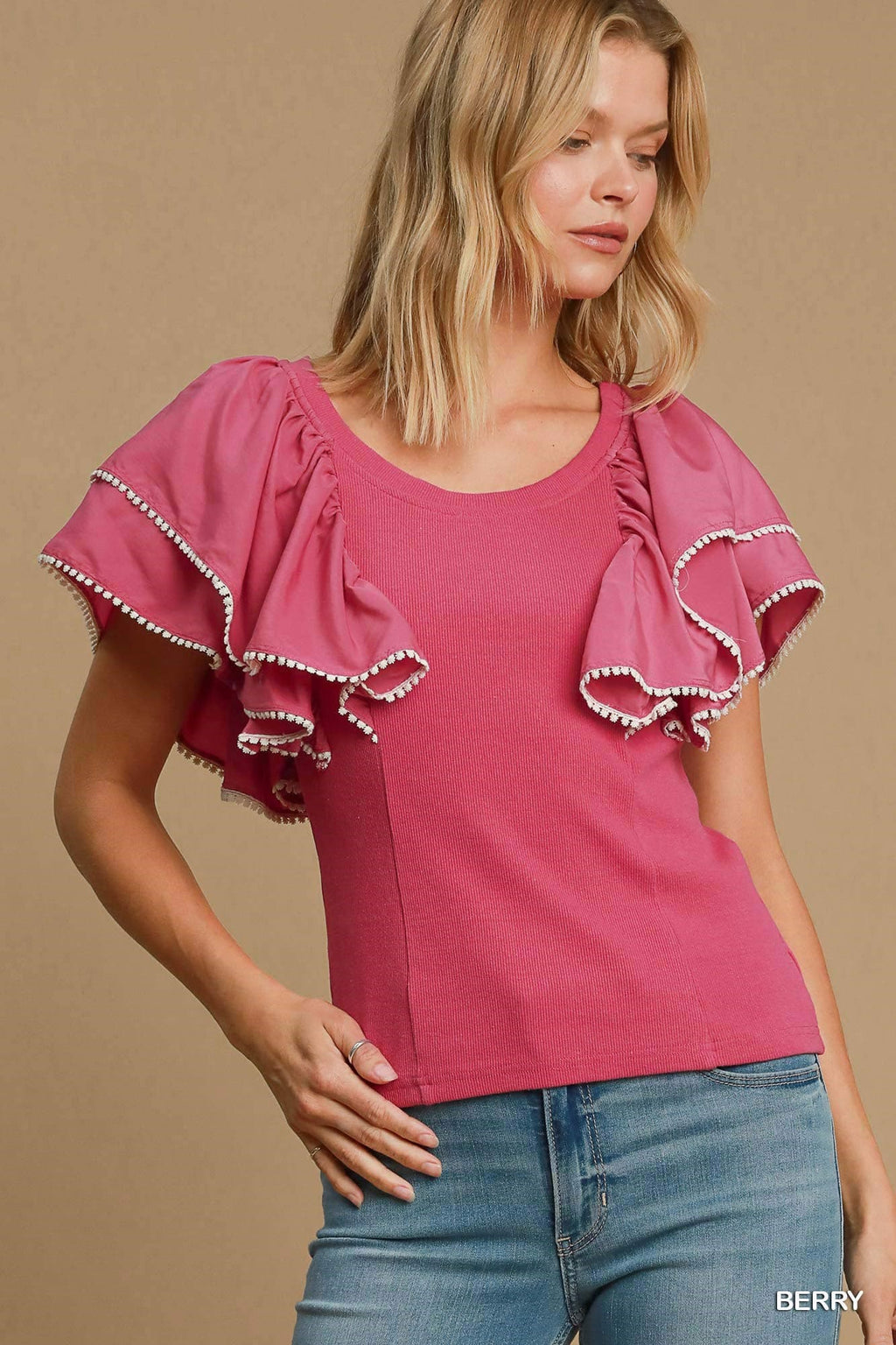 Umgee Ruffle Sleeved Rib Knit Top