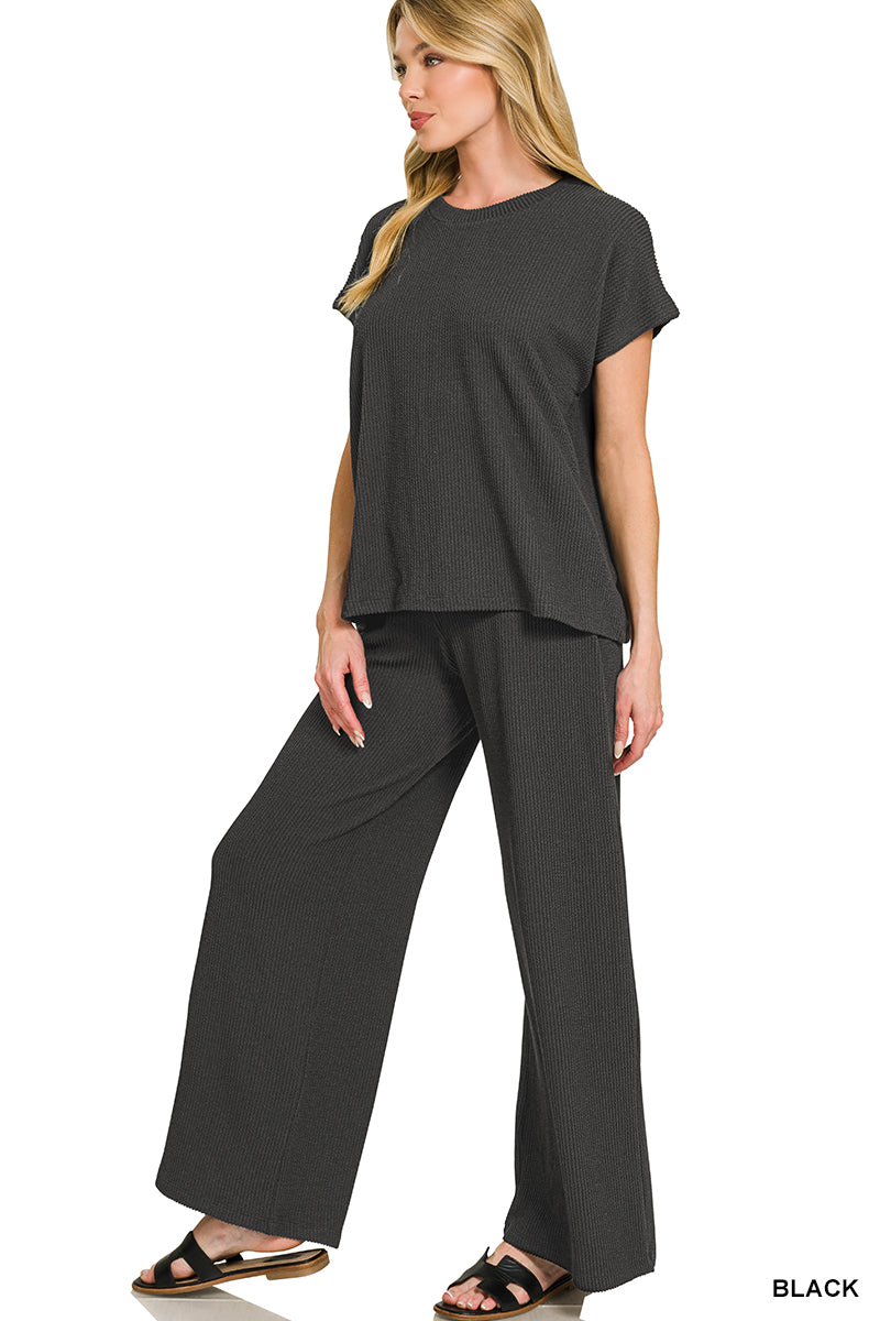Zenana-RAISED RIB RELAXED TOP & PANTS SET