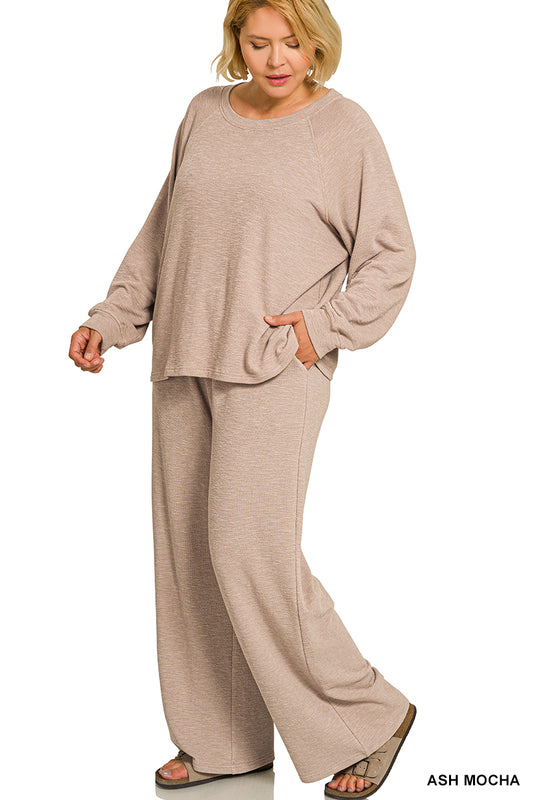 Zenana-PLUS SLUB LONG SLEEVE TOP & PANTS 2PCS SET