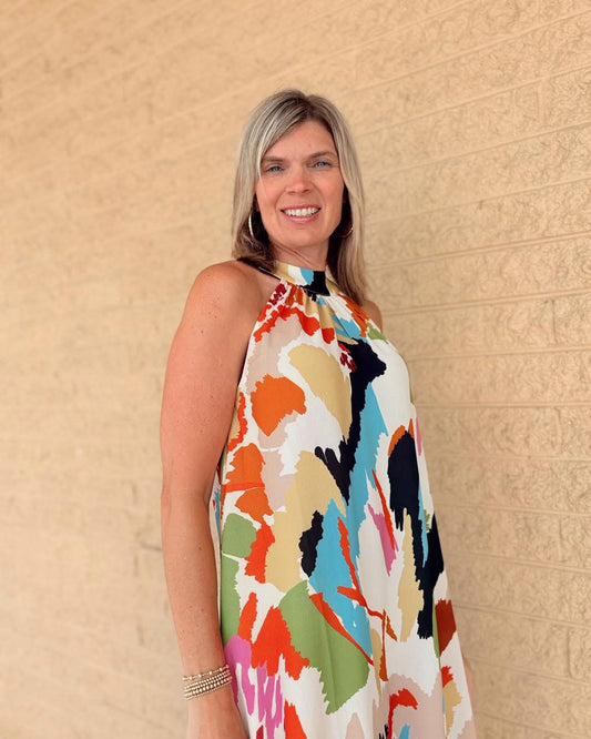 Latanya- Shonnon Passero Splash Print Flowy Bubble Crepe Halter Maxi Dress