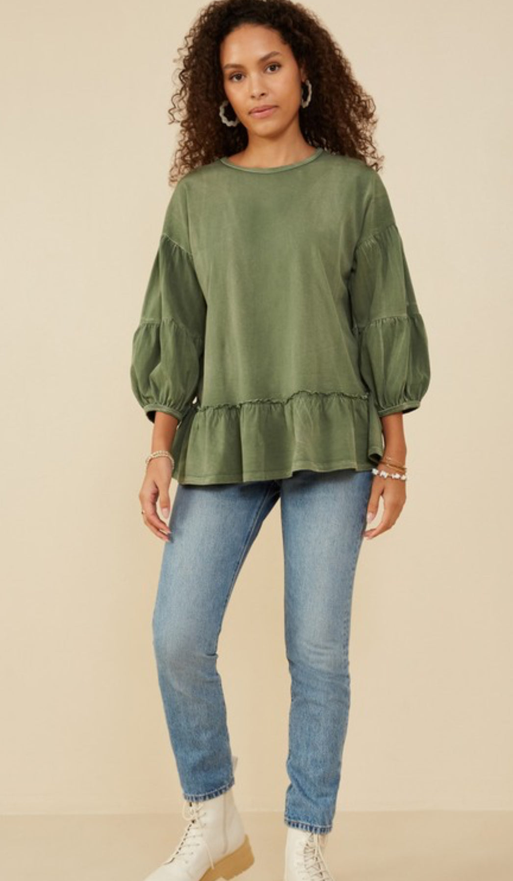BB - Washed Puff Sleeve Ruffled Top - Talk of the Town
