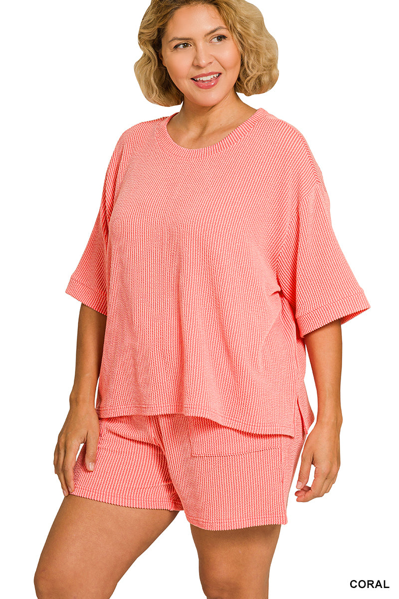 Zenana-PLUS RAISED RIB SHORT SLEEVE TEE & SHORT PANTS SET