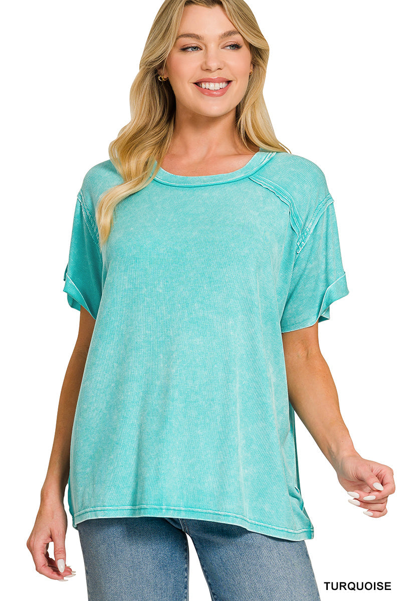 Turquoise • Washed Ribbed Boat Neck Top
