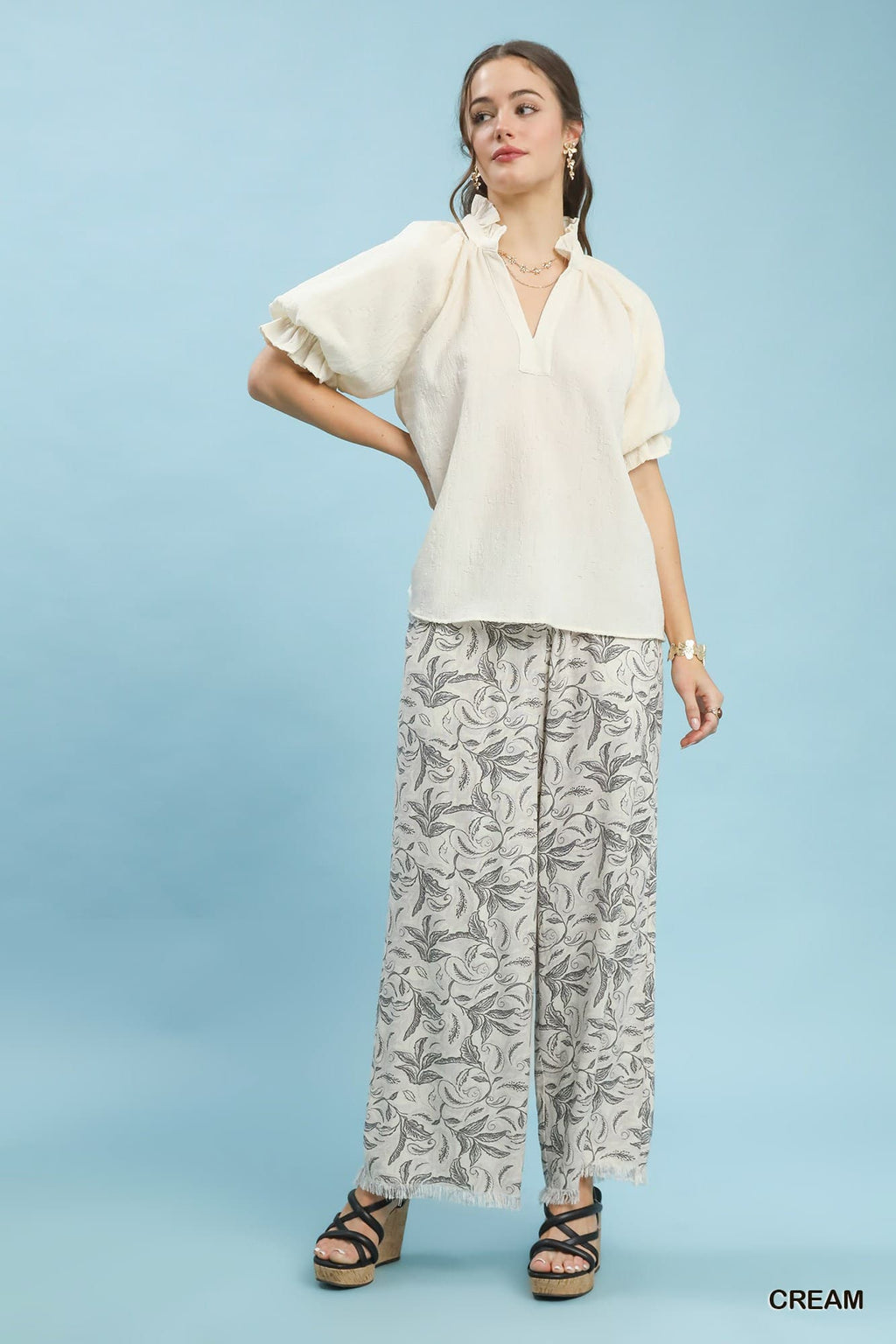 Umgee Textured Puff Sleeve Split Neck Top